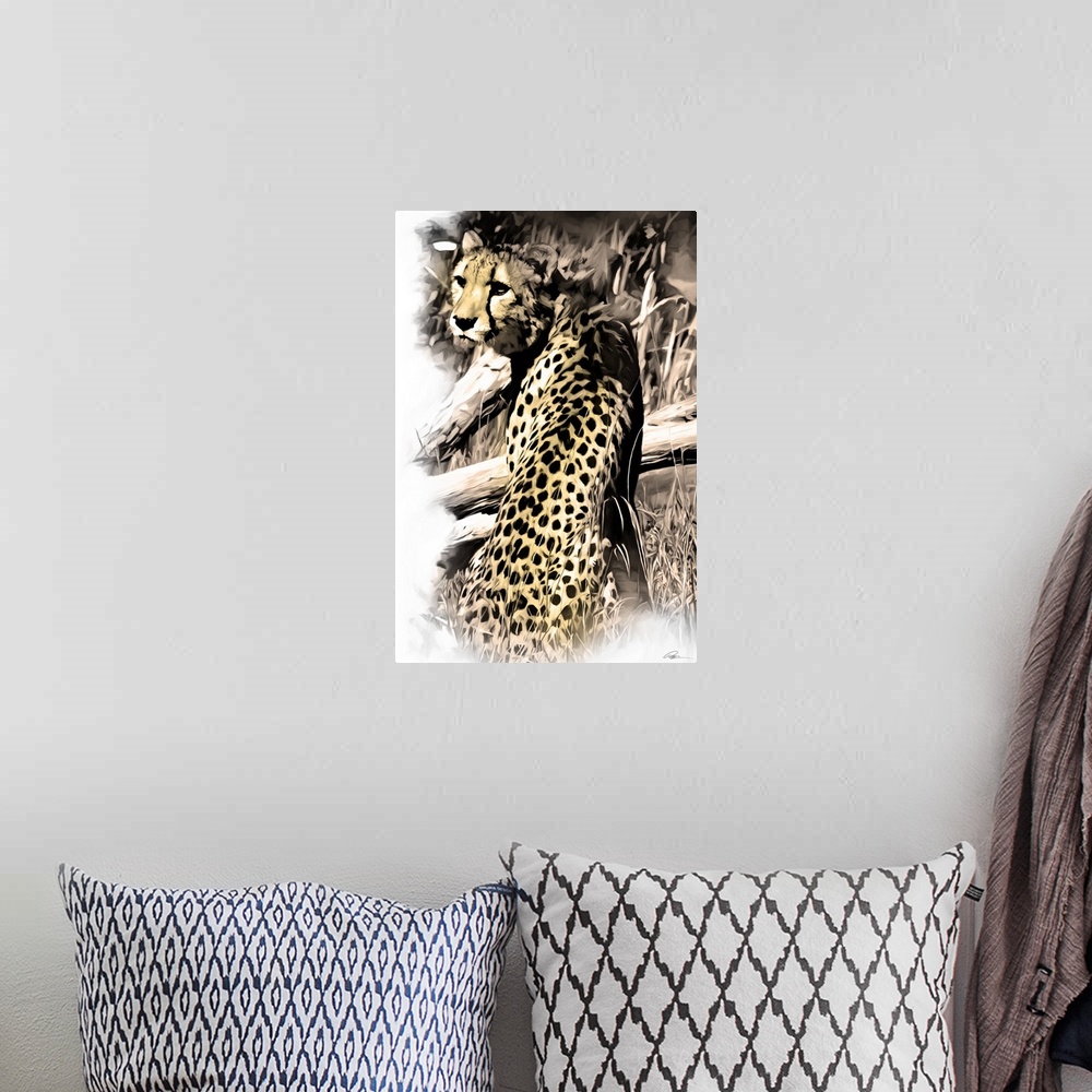 A bohemian room featuring Contemporary animal art of a cheetah looking over its shoulder.