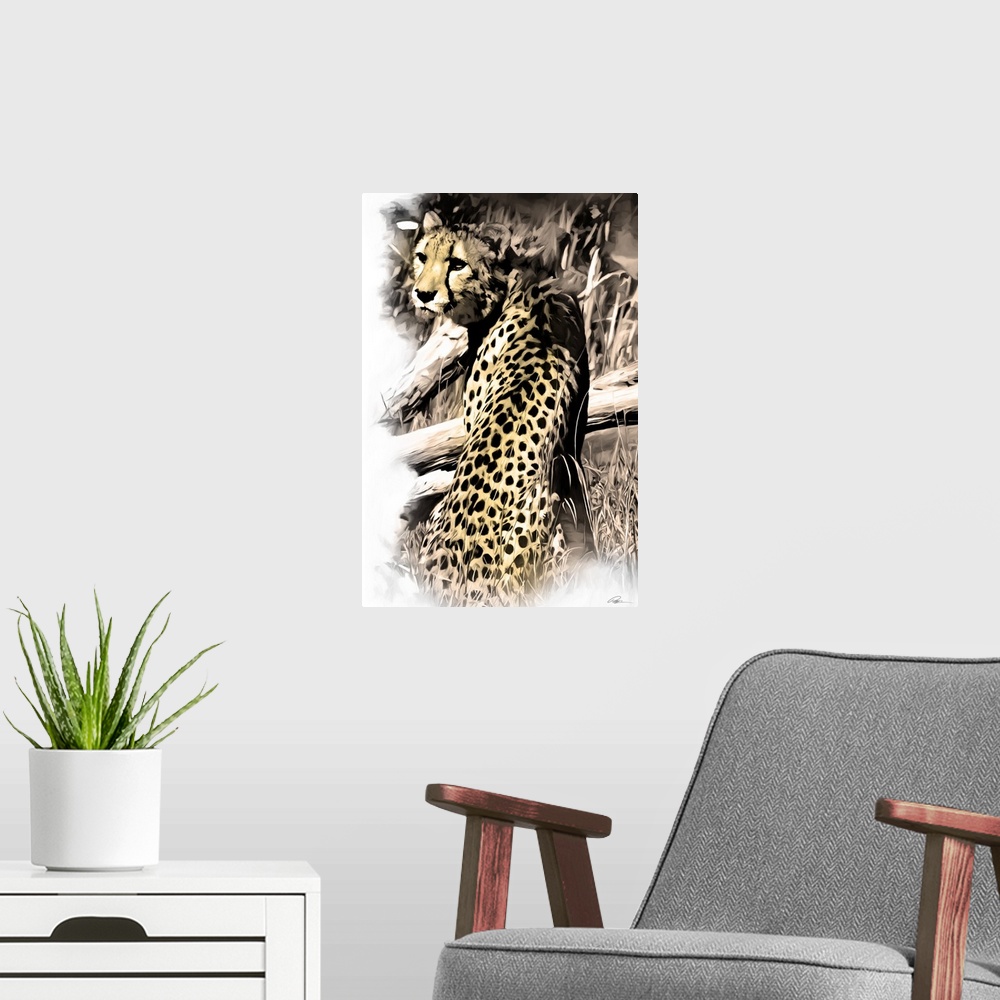 A modern room featuring Contemporary animal art of a cheetah looking over its shoulder.
