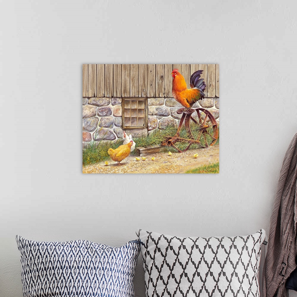 A bohemian room featuring Contemporary painting of a rooster sitting atop an old piece of farm equipment, with two hens bel...