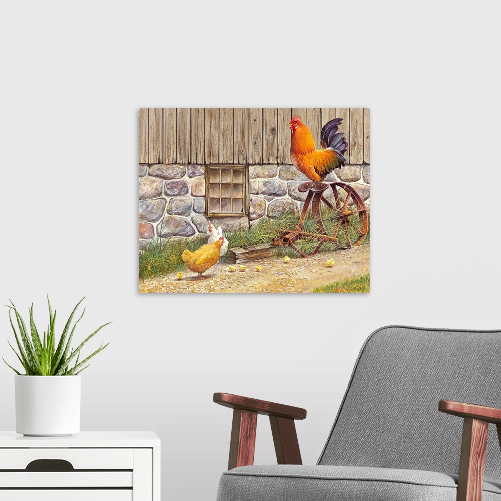 A modern room featuring Contemporary painting of a rooster sitting atop an old piece of farm equipment, with two hens bel...