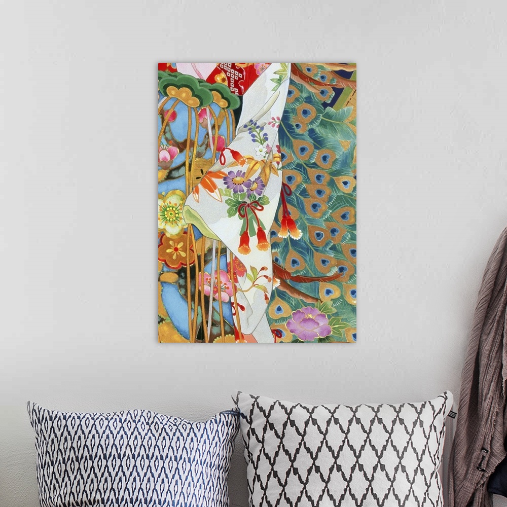 A bohemian room featuring Contemporary colorful and lavish looking Asian artwork. With different patterns of fabric and pea...