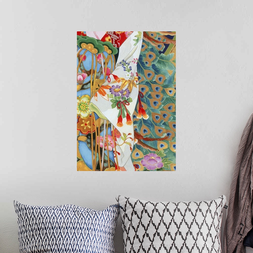 A bohemian room featuring Contemporary colorful and lavish looking Asian artwork. With different patterns of fabric and pea...