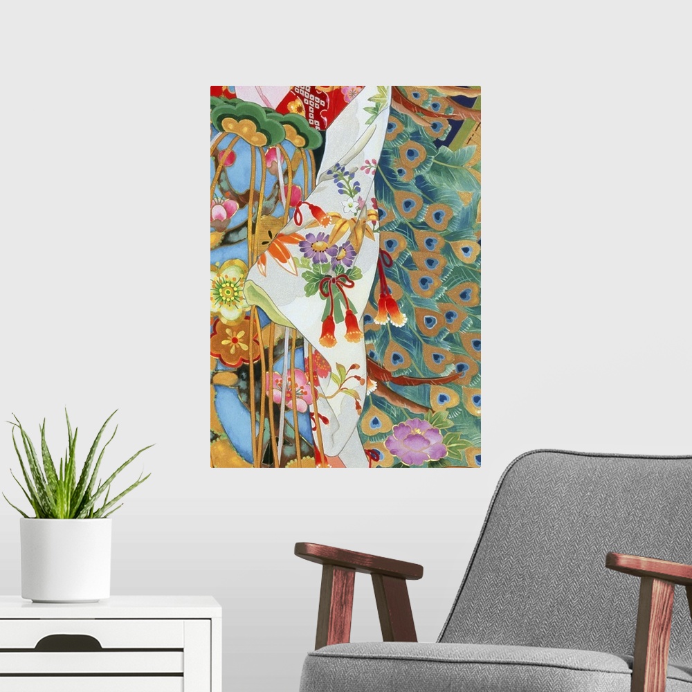 A modern room featuring Contemporary colorful and lavish looking Asian artwork. With different patterns of fabric and pea...