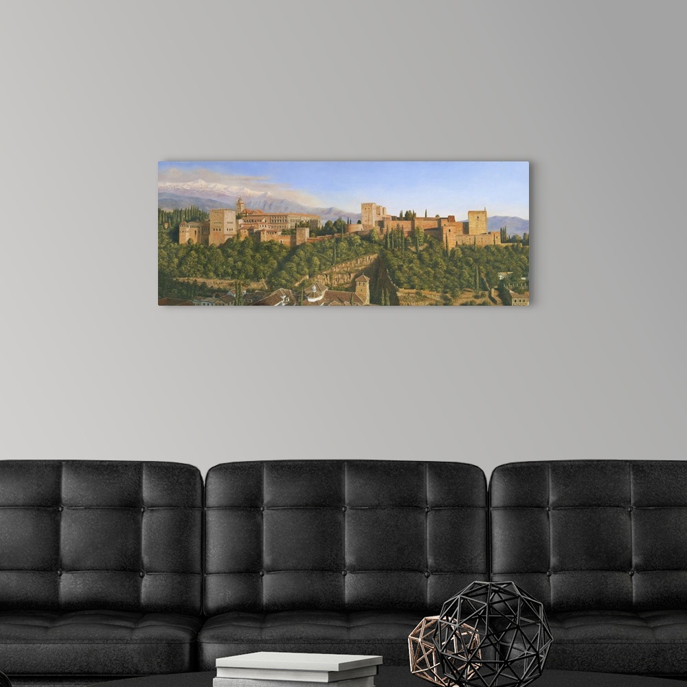 A modern room featuring Contemporary artwork of a village surrounded by a mountainous valley.