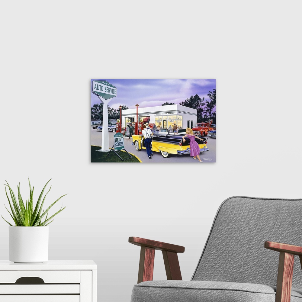 A modern room featuring This painting is a scene of retro Americana showing a teenage girl helping push her dateos 1956 F...