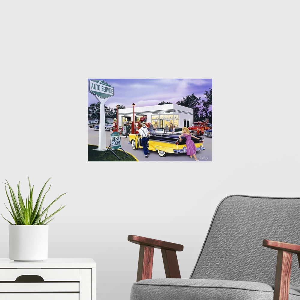 A modern room featuring This painting is a scene of retro Americana showing a teenage girl helping push her dateos 1956 F...