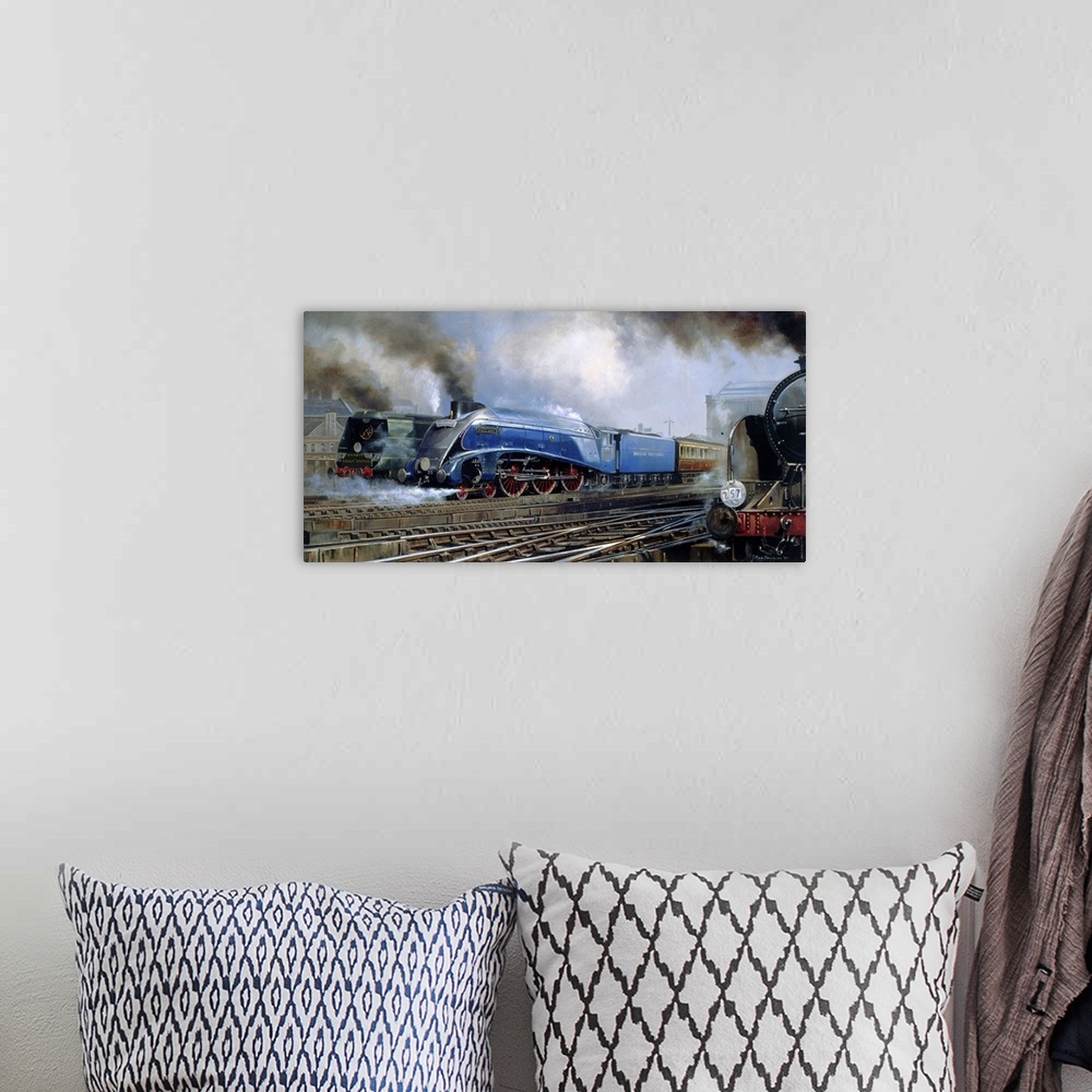 A bohemian room featuring Contemporary painting of trains traveling getting ready to leave the station.