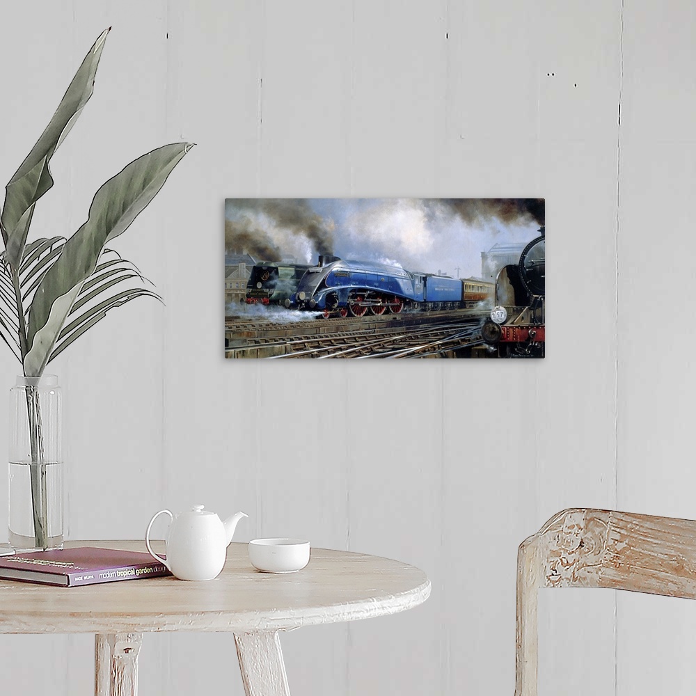 A farmhouse room featuring Contemporary painting of trains traveling getting ready to leave the station.