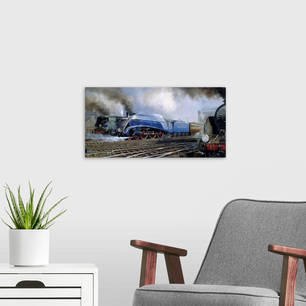 A modern room featuring Contemporary painting of trains traveling getting ready to leave the station.