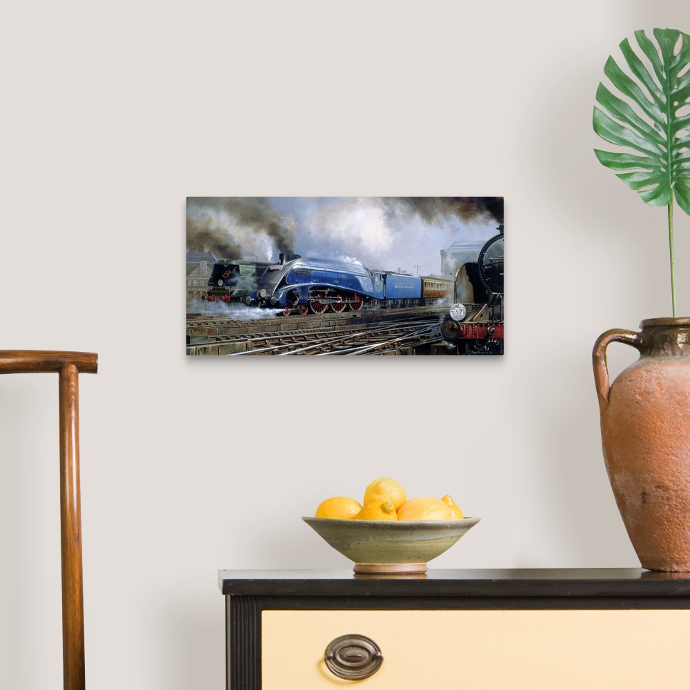 A traditional room featuring Contemporary painting of trains traveling getting ready to leave the station.