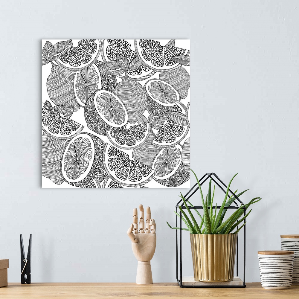 A bohemian room featuring Contemporary line art of ornate lemons overlapping against a white background.