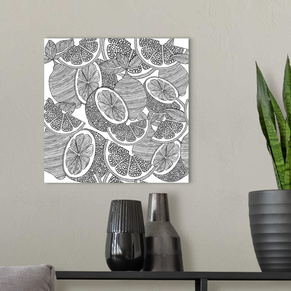 A modern room featuring Contemporary line art of ornate lemons overlapping against a white background.