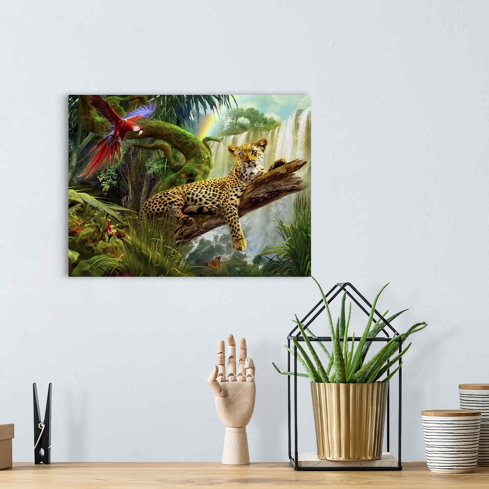 A bohemian room featuring Whimsy illustration of a leopard on a log in the jungle with a waterfall in the background and a ...