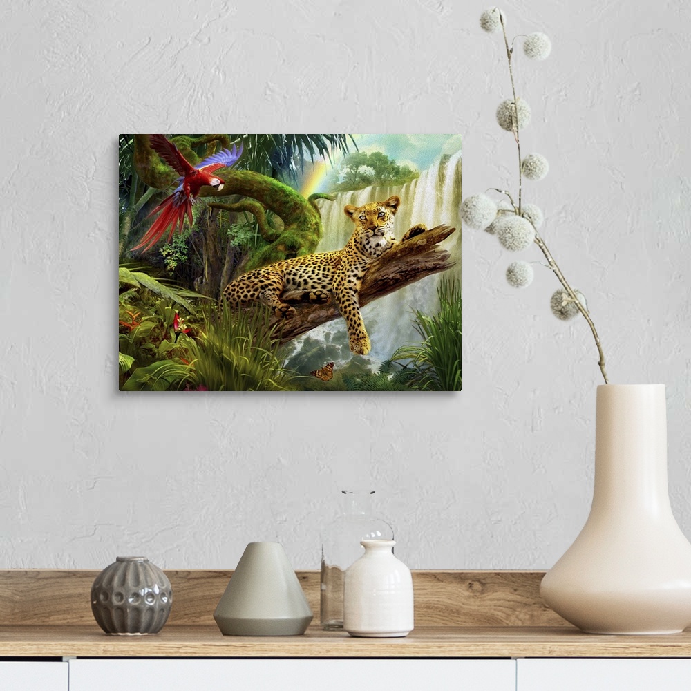 A farmhouse room featuring Whimsy illustration of a leopard on a log in the jungle with a waterfall in the background and a ...