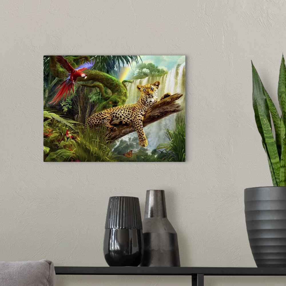 A modern room featuring Whimsy illustration of a leopard on a log in the jungle with a waterfall in the background and a ...