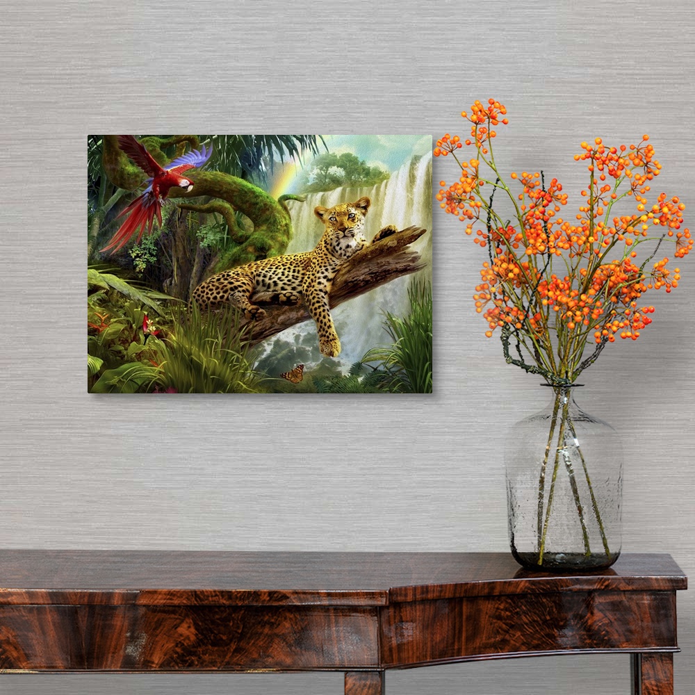A traditional room featuring Whimsy illustration of a leopard on a log in the jungle with a waterfall in the background and a ...