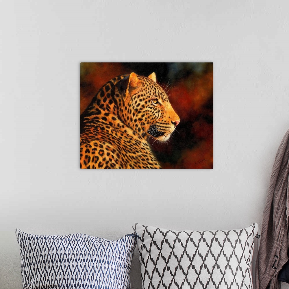 A bohemian room featuring Contemporary painting of a leopard illuminated in a warm light.