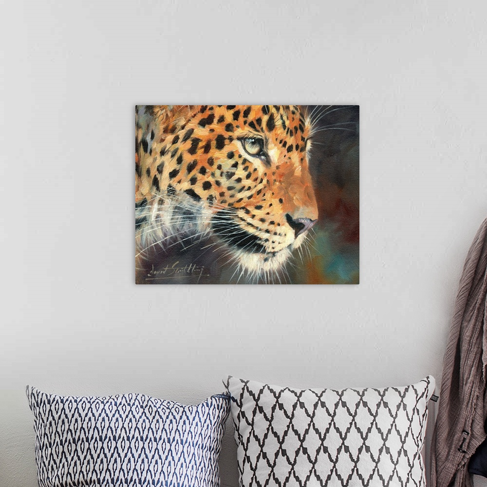 A bohemian room featuring Contemporary painting of a portrait of a leopard close-up.