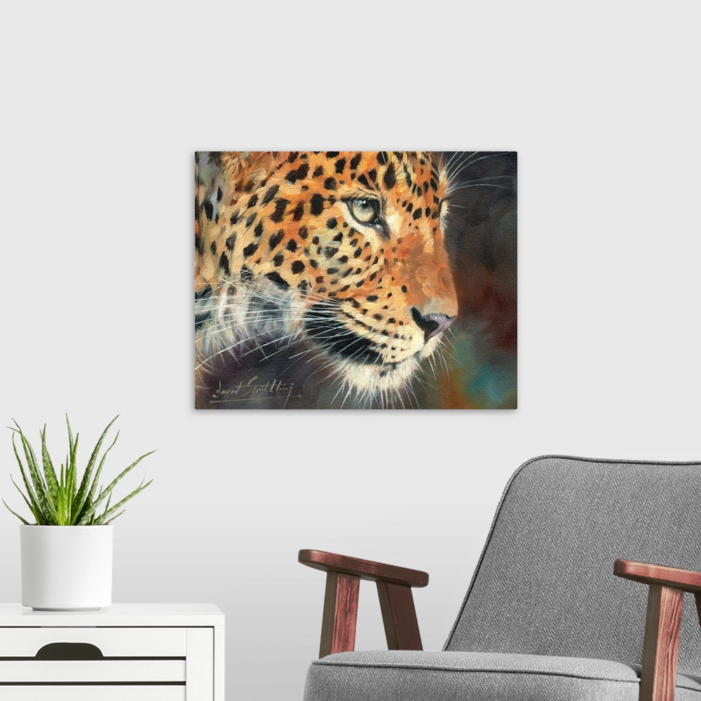 A modern room featuring Contemporary painting of a portrait of a leopard close-up.