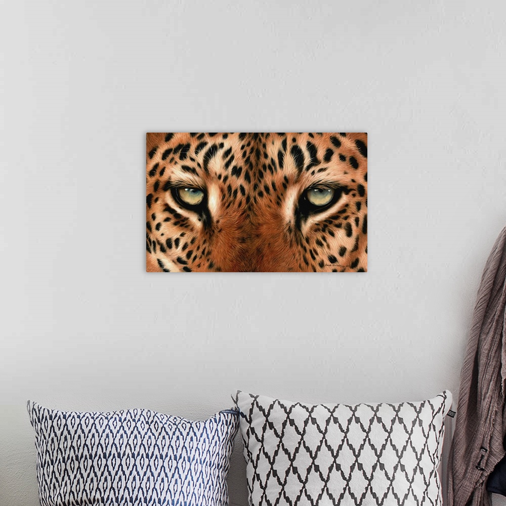 A bohemian room featuring Oil painting of a Leopard's eyes.