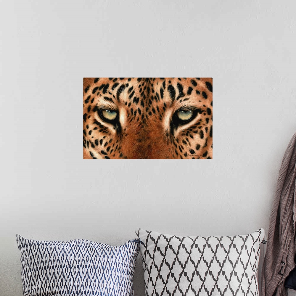 A bohemian room featuring Oil painting of a Leopard's eyes.