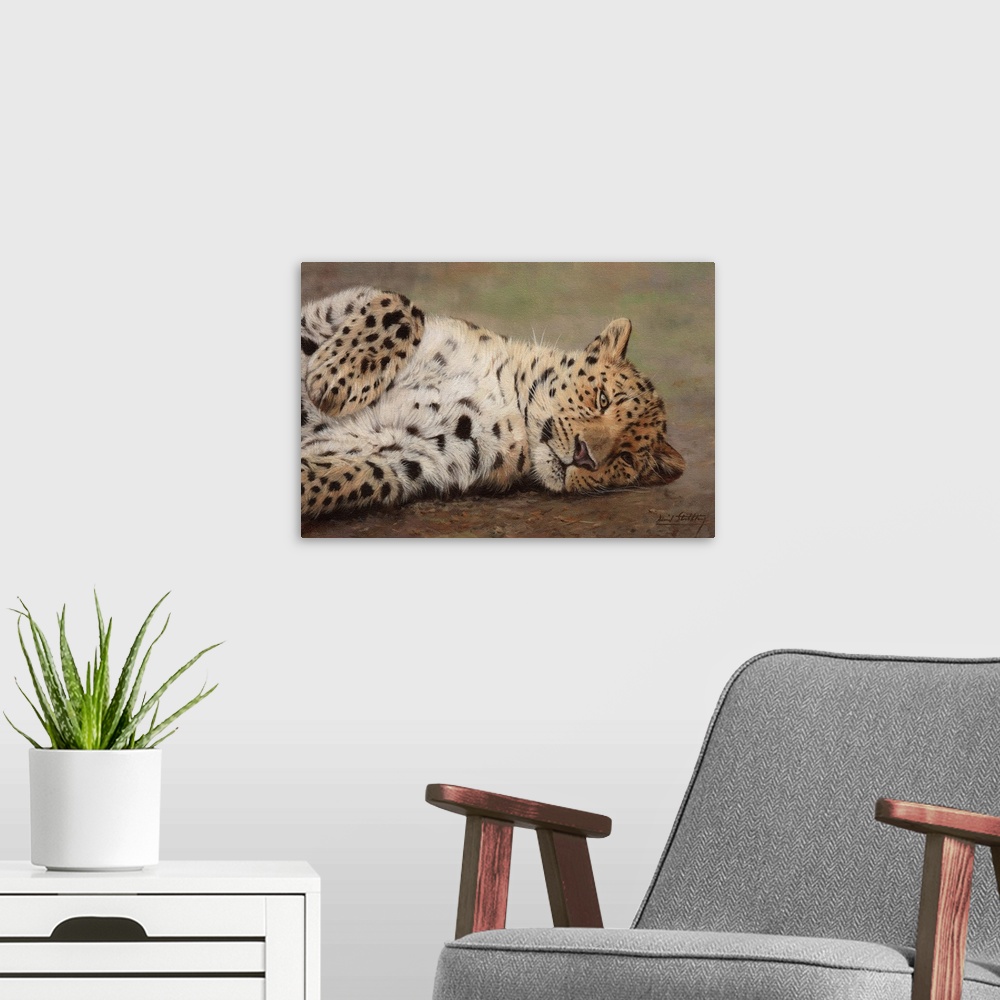 A modern room featuring Contemporary painting of a leopard resting playfully on the ground.