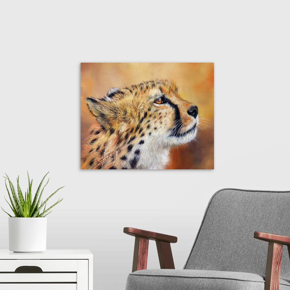 A modern room featuring Contemporary painting of a cheetah looking proud and majestic.