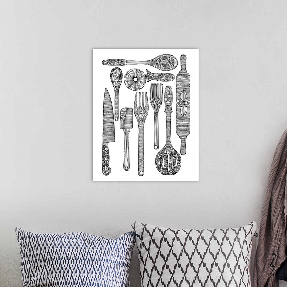 A bohemian room featuring Contemporary line art of ornately patterned cookware against a white background.