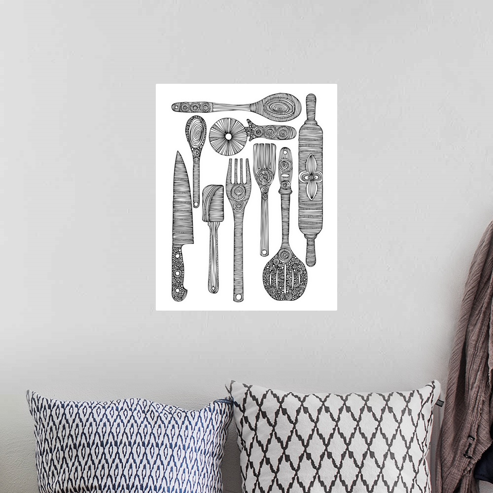 A bohemian room featuring Contemporary line art of ornately patterned cookware against a white background.