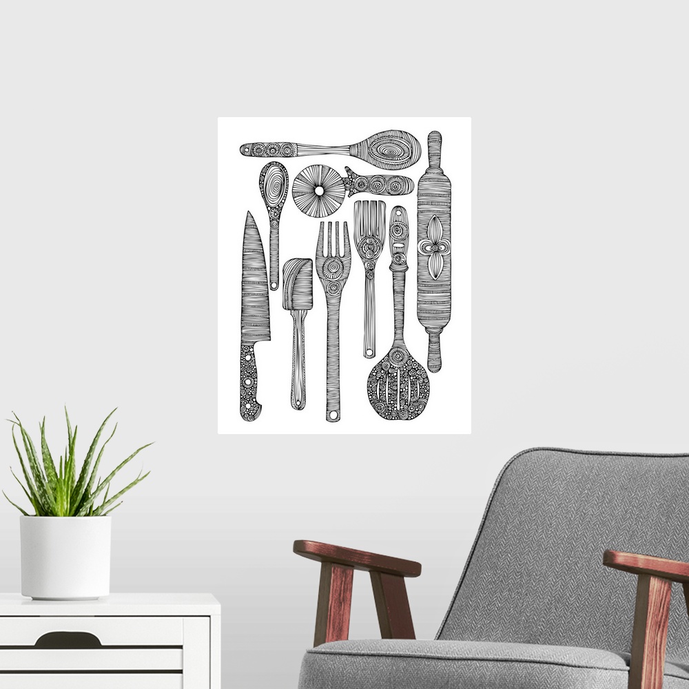 A modern room featuring Contemporary line art of ornately patterned cookware against a white background.