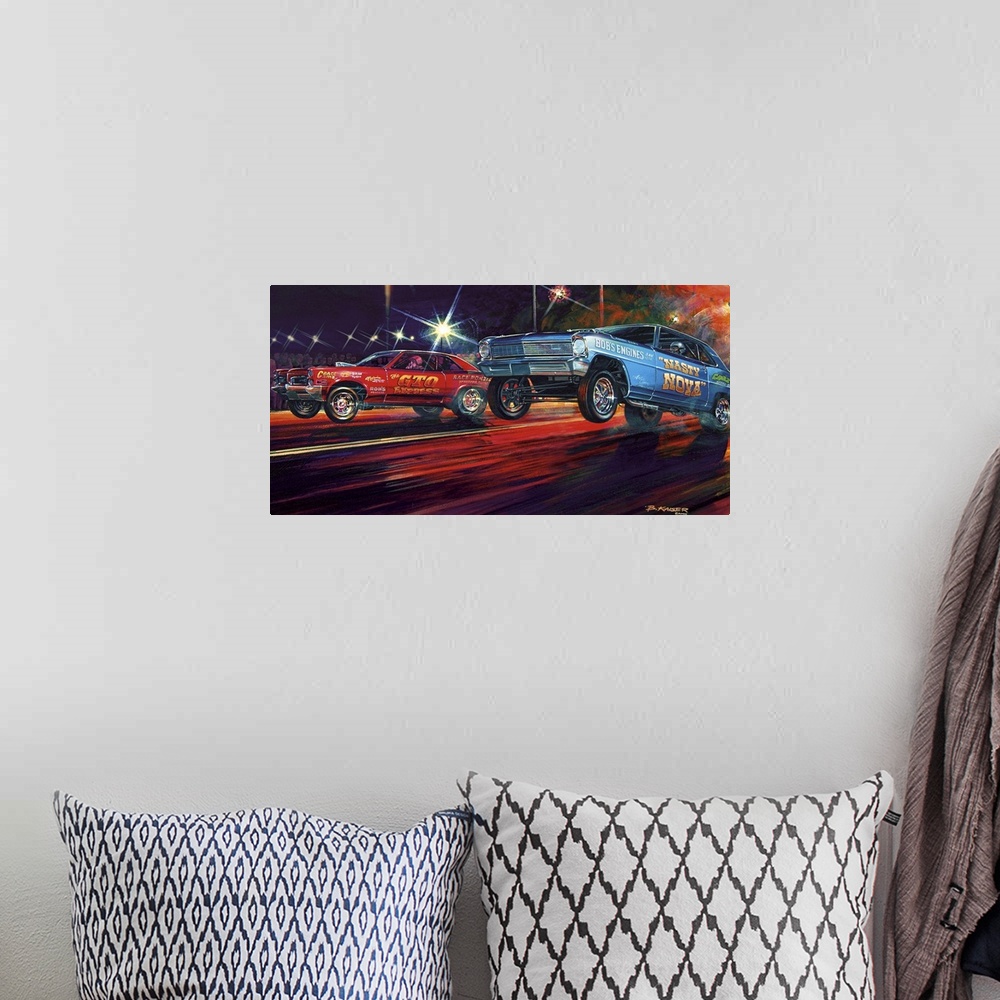 A bohemian room featuring A big painting on canvas of two cars drag racing with both of their front tires in the air coming...