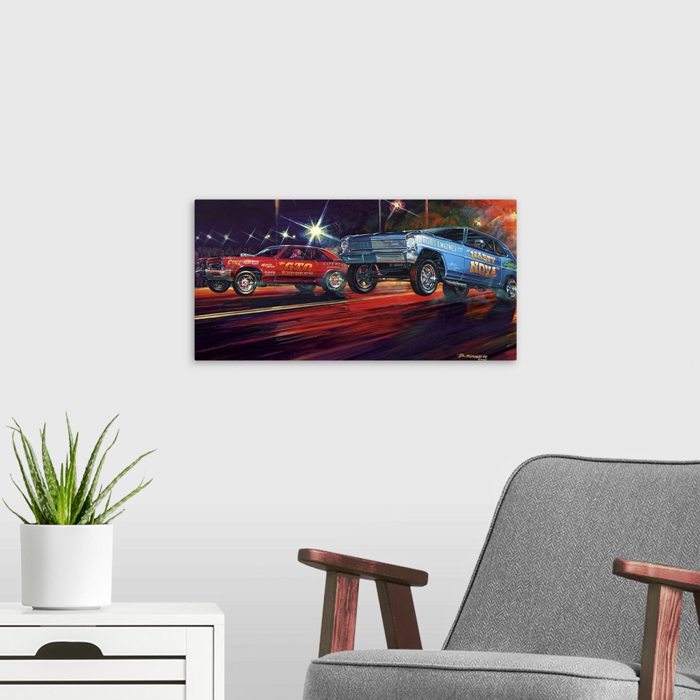 A modern room featuring A big painting on canvas of two cars drag racing with both of their front tires in the air coming...