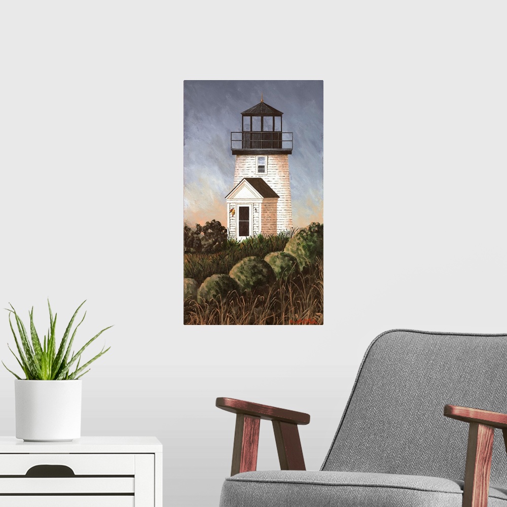 A modern room featuring Americana scene of a white lighthouse in Cape Cod, Massachusetts.