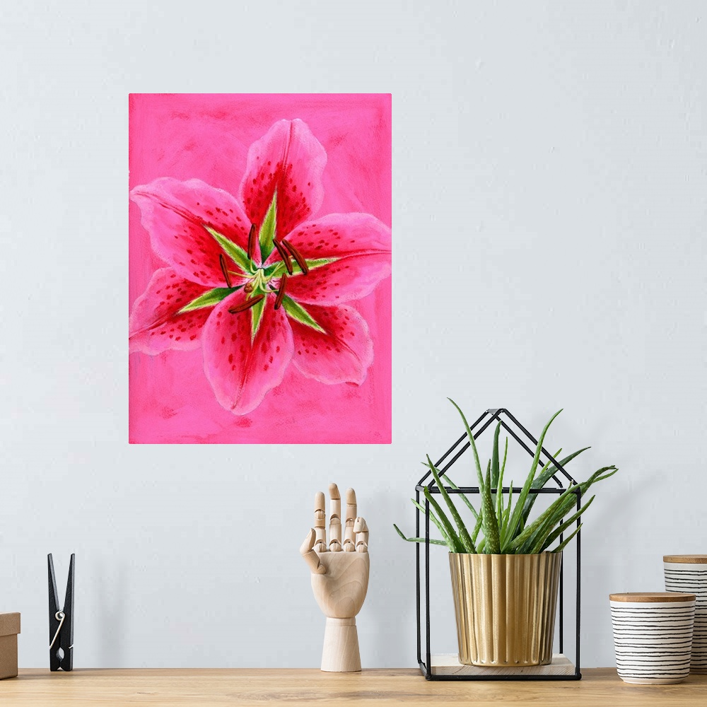 A bohemian room featuring Contemporary artwork of a close-up of a pink flower.