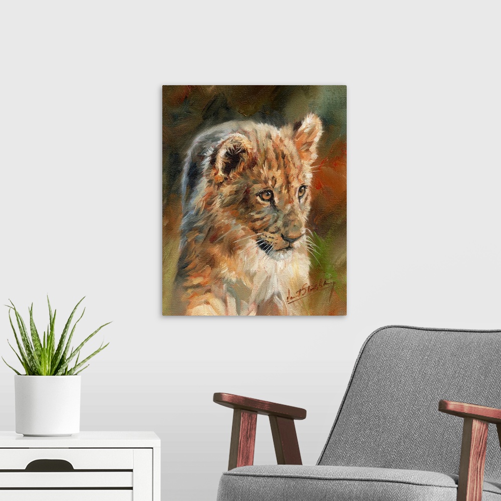 A modern room featuring Contemporary painting of a lion cub.