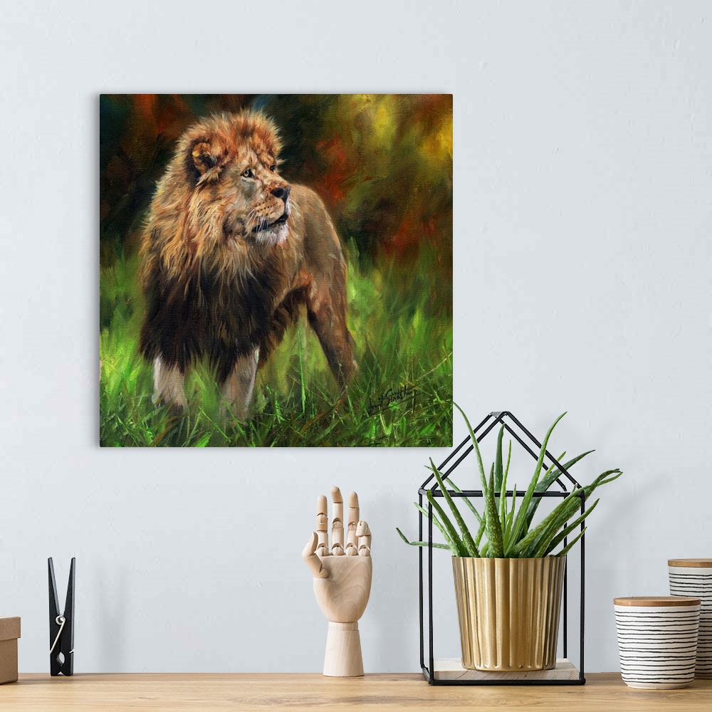A bohemian room featuring Contemporary painting of a male African lion.