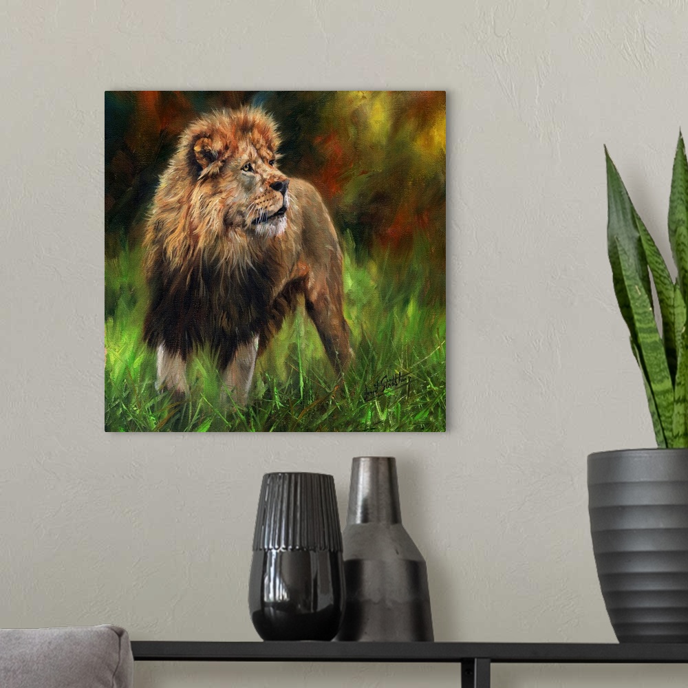 A modern room featuring Contemporary painting of a male African lion.