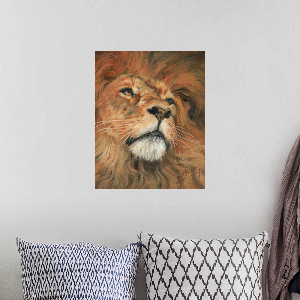 A bohemian room featuring Contemporary painting of a male lion.
