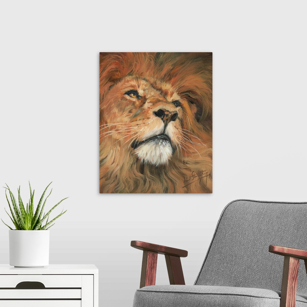 A modern room featuring Contemporary painting of a male lion.