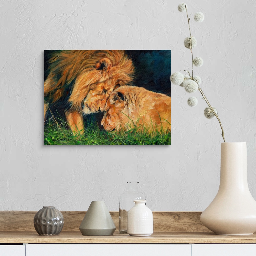 A farmhouse room featuring Lion and Lioness sharing a moment. Oil on canvas.