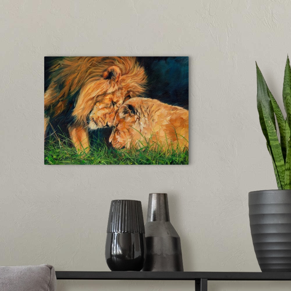 A modern room featuring Lion and Lioness sharing a moment. Oil on canvas.