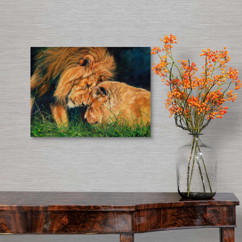 A traditional room featuring Lion and Lioness sharing a moment. Oil on canvas.