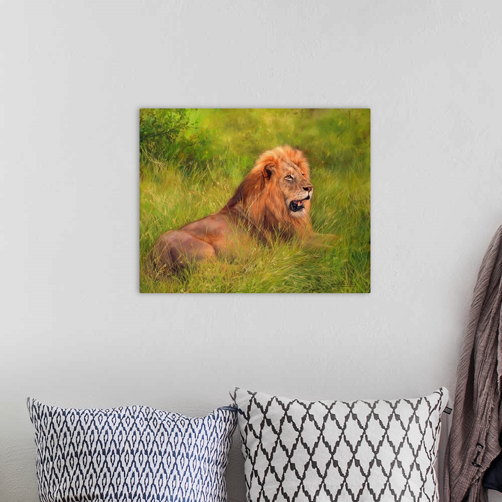 A bohemian room featuring Contemporary painting of an adult male lion laying on soft lush grass.