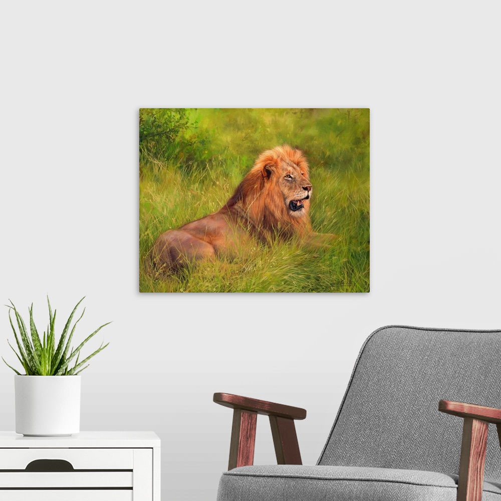 A modern room featuring Contemporary painting of an adult male lion laying on soft lush grass.