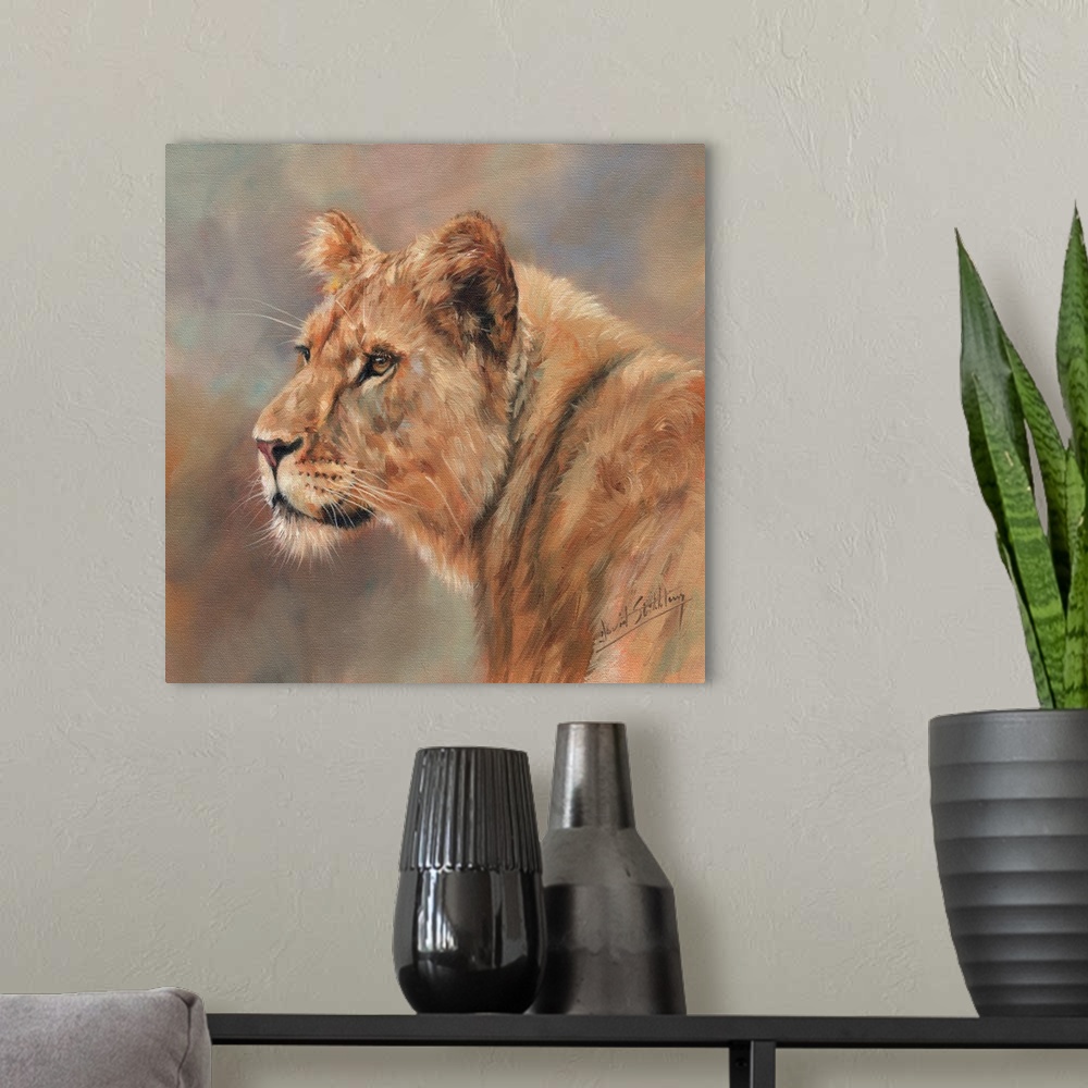 A modern room featuring Contemporary painting of a female lion.