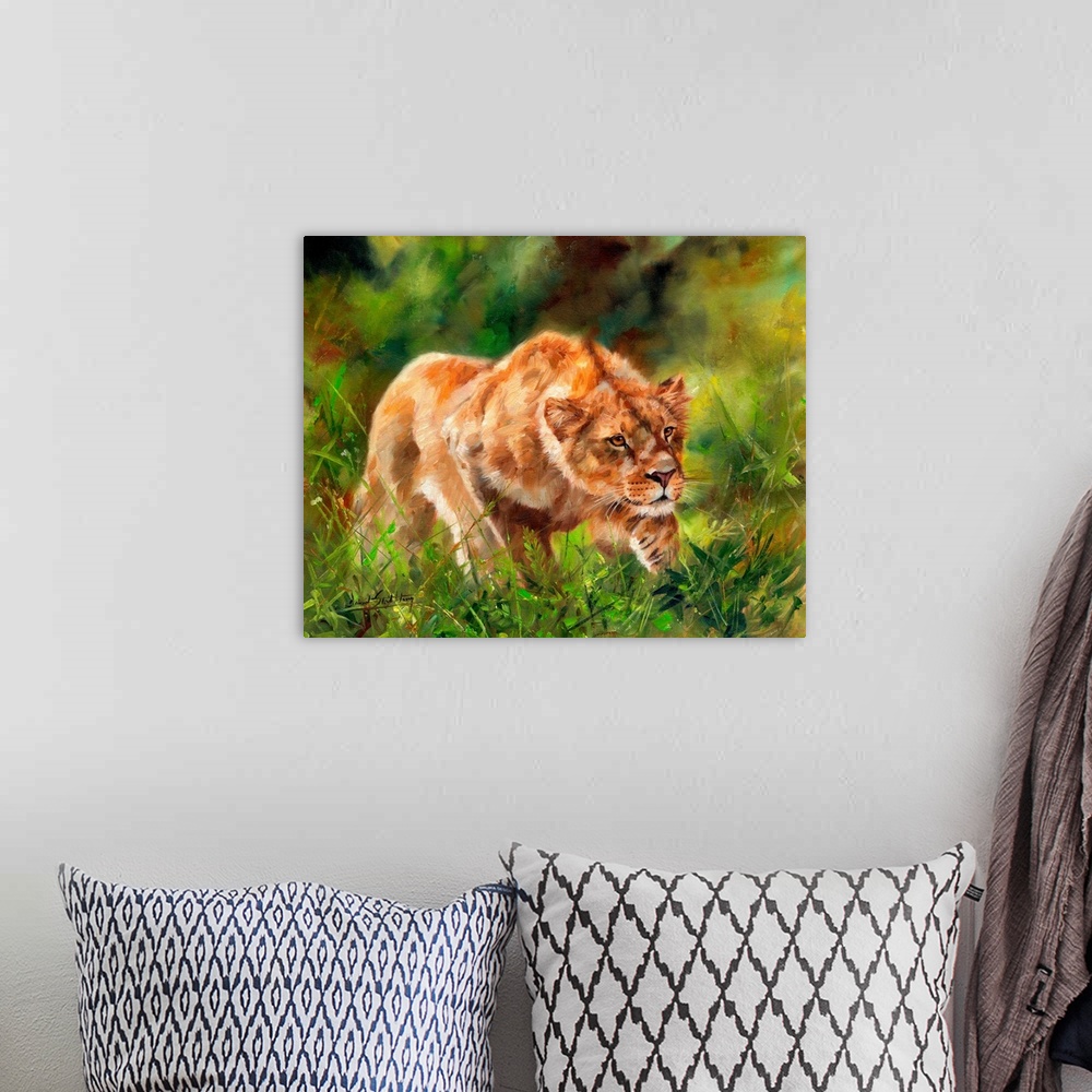 A bohemian room featuring Lioness stalking in verdant undergrowth.