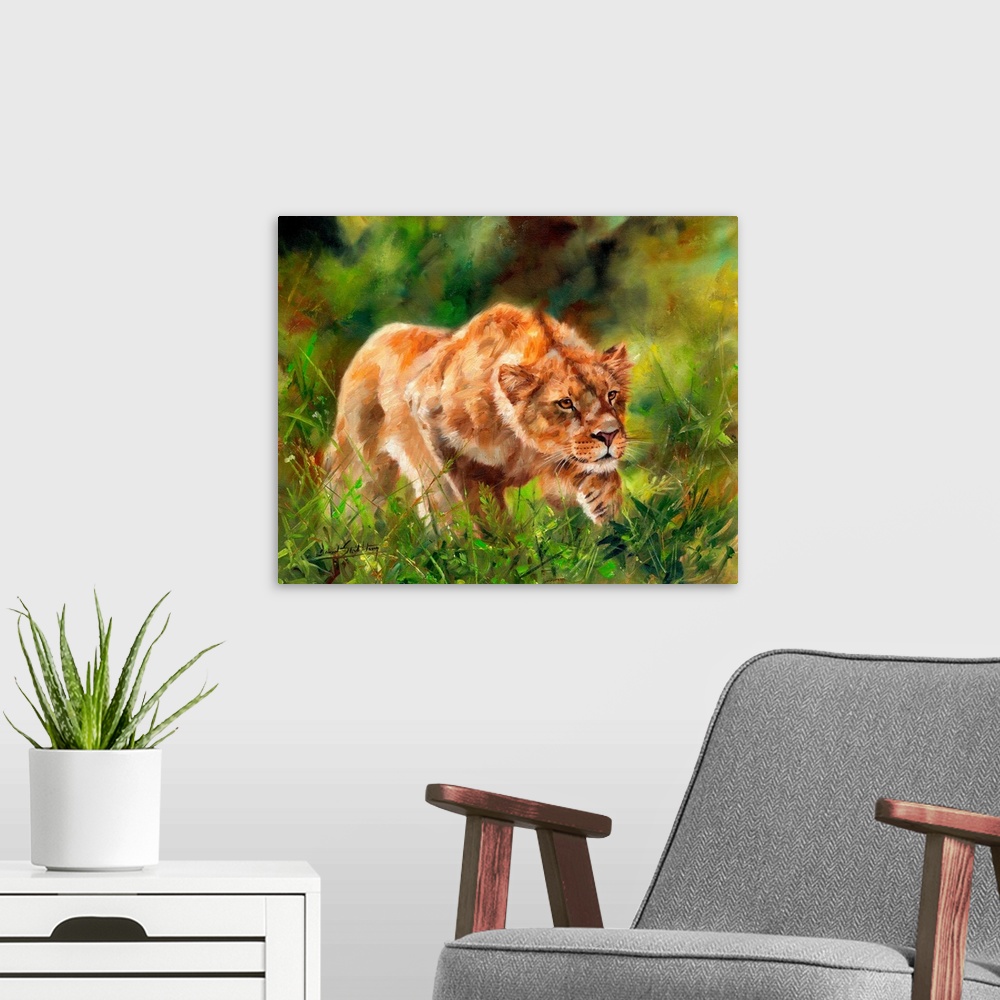 A modern room featuring Lioness stalking in verdant undergrowth.