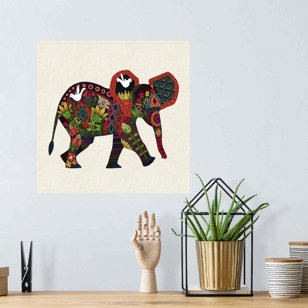 A bohemian room featuring ILLUSTRATED NATURE ELEPHANT