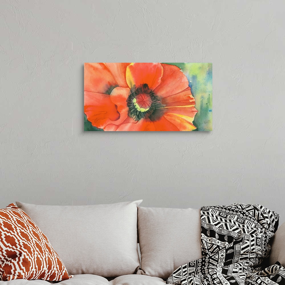A bohemian room featuring Contemporary watercolor painting of vibrant colorful flowers.