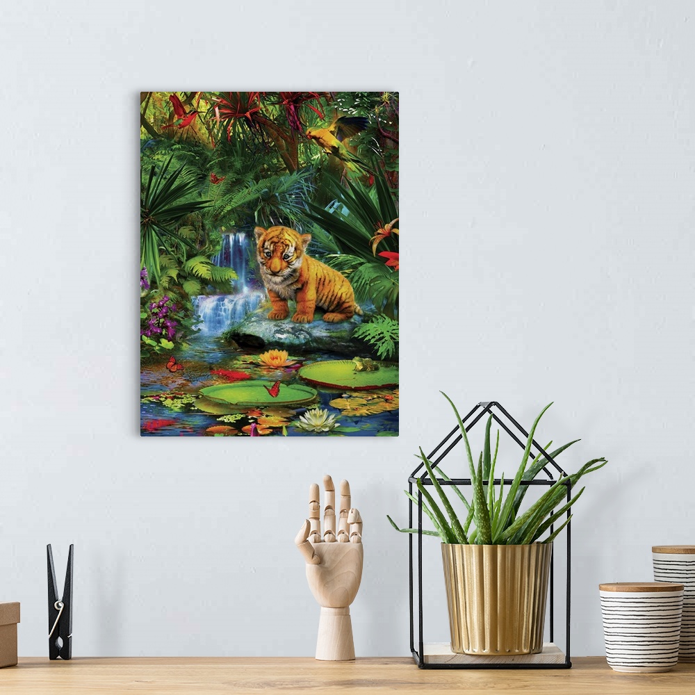 A bohemian room featuring Whimsy illustration of a tiger cub sitting by a waterfall in the jungle.